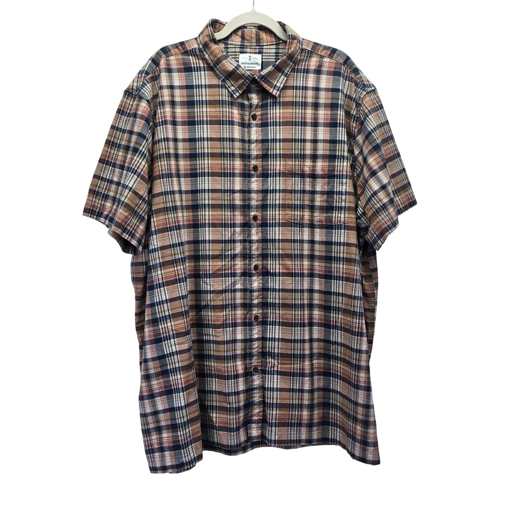 Mutual Weave Mens 2XL Plaid Short Sleeve Button Down‎ Shirt Tan Navy Workwear